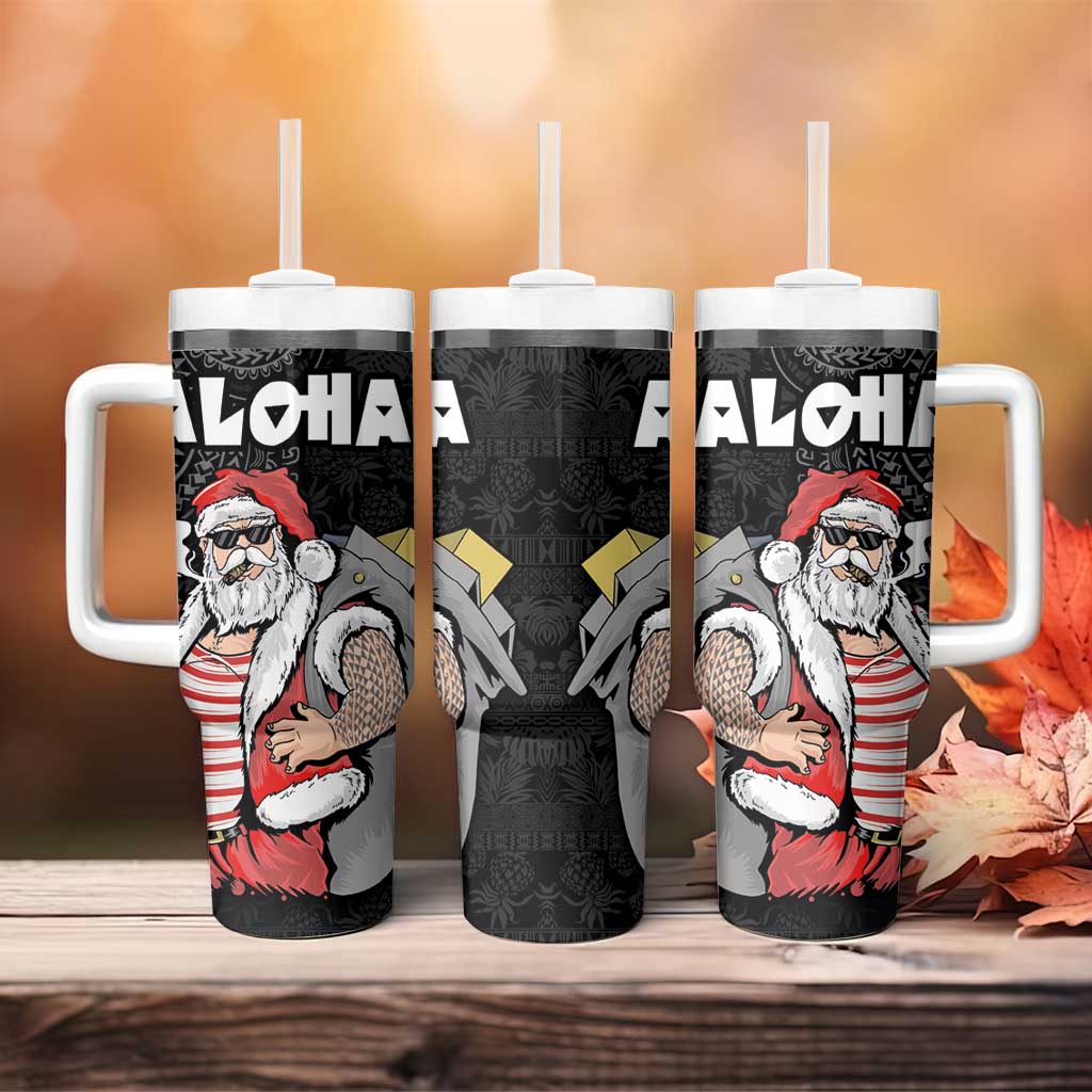 Hawaii Aloha Santa Claus Funny Polynesian Tattoo Tumbler With Handle Black Color