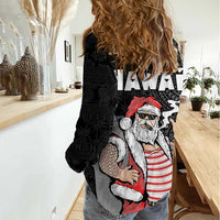 Hawaii Aloha Santa Claus Funny Polynesian Tattoo Women Casual Shirt Black Color