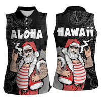 Hawaii Aloha Santa Claus Funny Polynesian Tattoo Women Sleeveless Polo Shirt Black Color