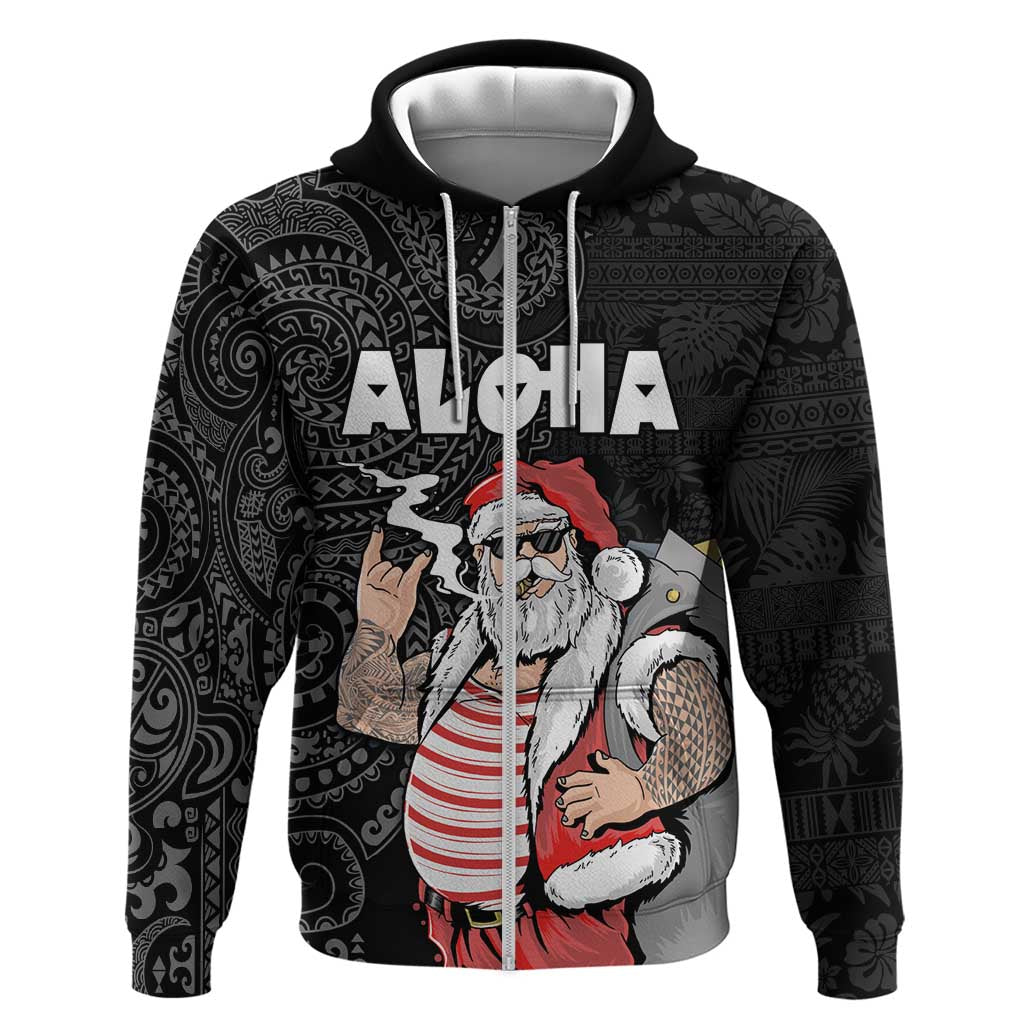 Hawaii Aloha Santa Claus Funny Polynesian Tattoo Zip Hoodie Black Color LT03 Zip Hoodie Black - Polynesian Pride