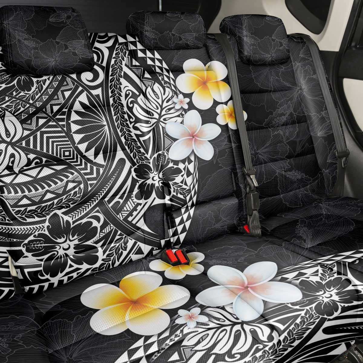 Hawaiian Hibiscus and Plumeria Polynesian Tribal Tattoo Back Car Seat Cover Black Color