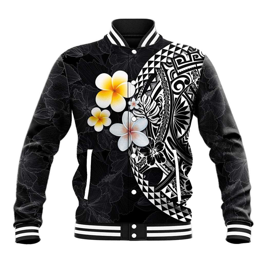 Hawaiian Hibiscus and Plumeria Polynesian Tribal Tattoo Baseball Jacket Black Color LT03 Unisex Black - Polynesian Pride