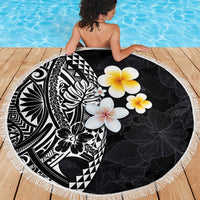 Hawaiian Hibiscus and Plumeria Polynesian Tribal Tattoo Beach Blanket Black Color