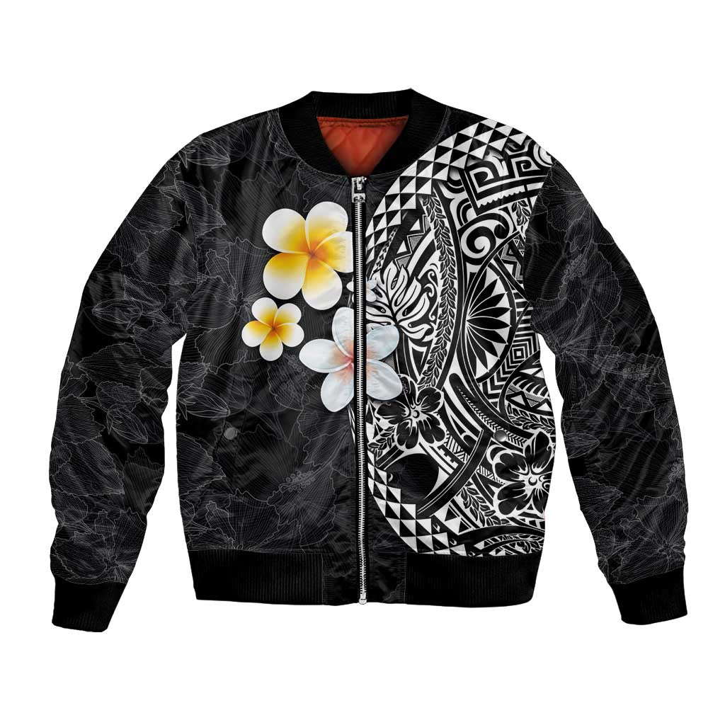 Hawaiian Hibiscus and Plumeria Polynesian Tribal Tattoo Bomber Jacket Black Color LT03 Unisex Black - Polynesian Pride