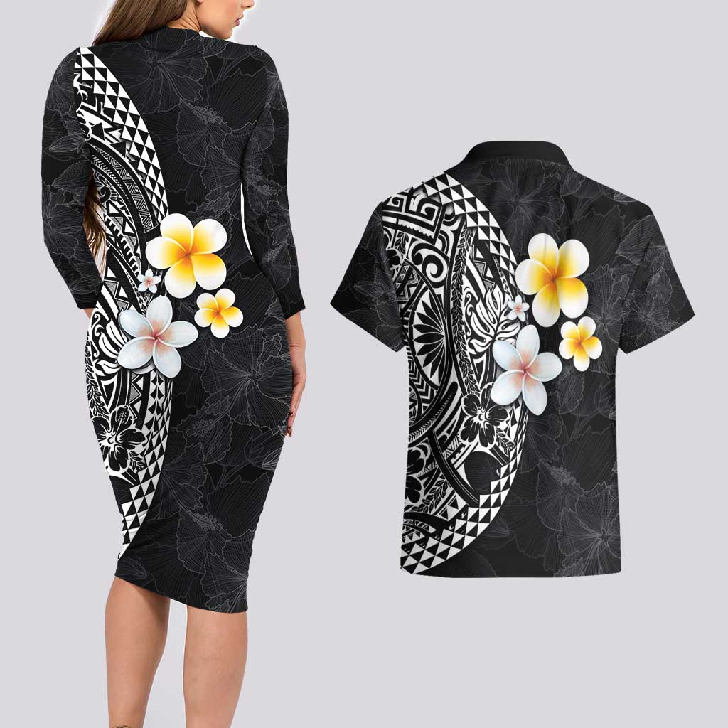 Hawaiian Hibiscus and Plumeria Polynesian Tribal Tattoo Couples Matching Long Sleeve Bodycon Dress and Hawaiian Shirt Black Color