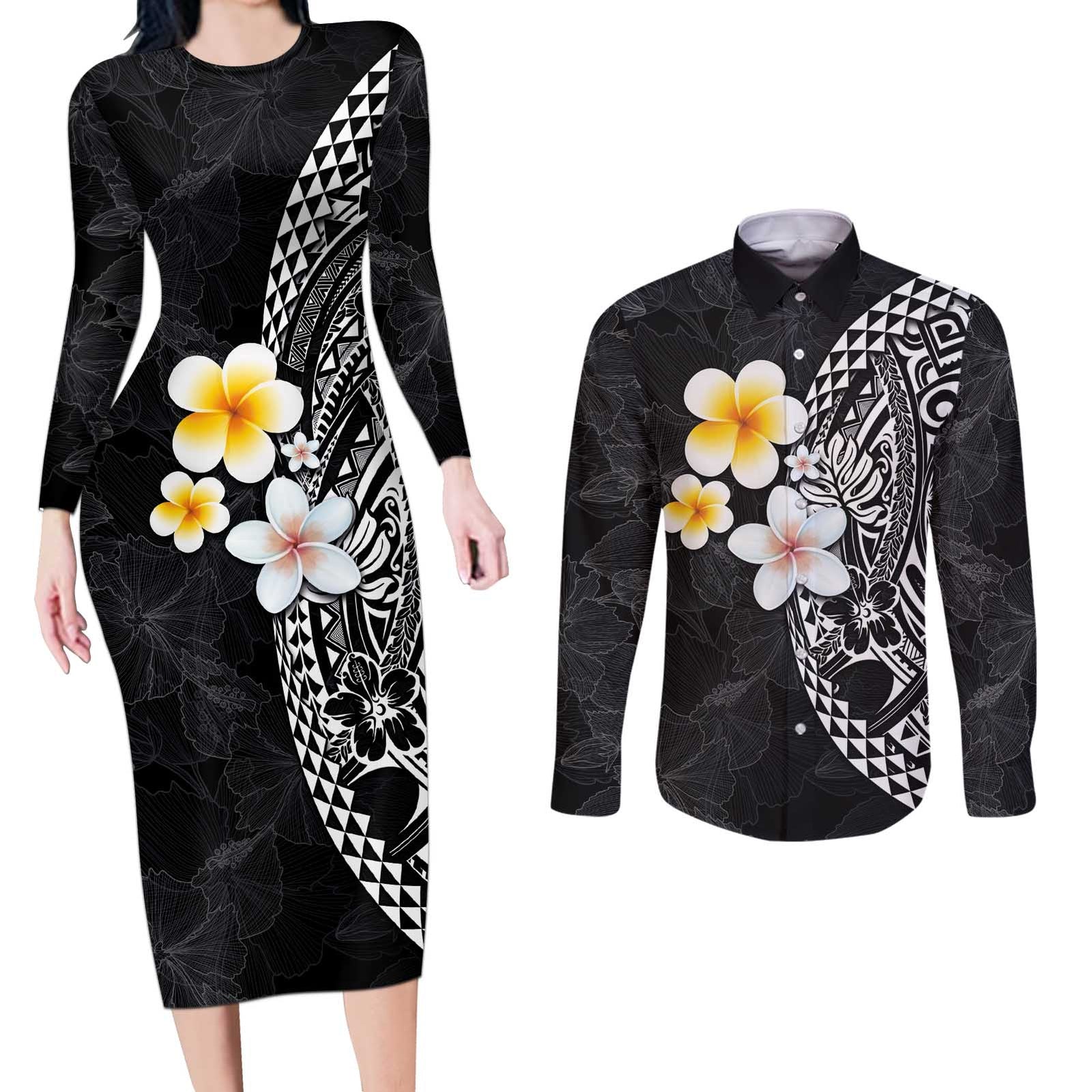 Hawaiian Hibiscus and Plumeria Polynesian Tribal Tattoo Couples Matching Long Sleeve Bodycon Dress and Long Sleeve Button Shirt Black Color LT03 Black - Polynesian Pride