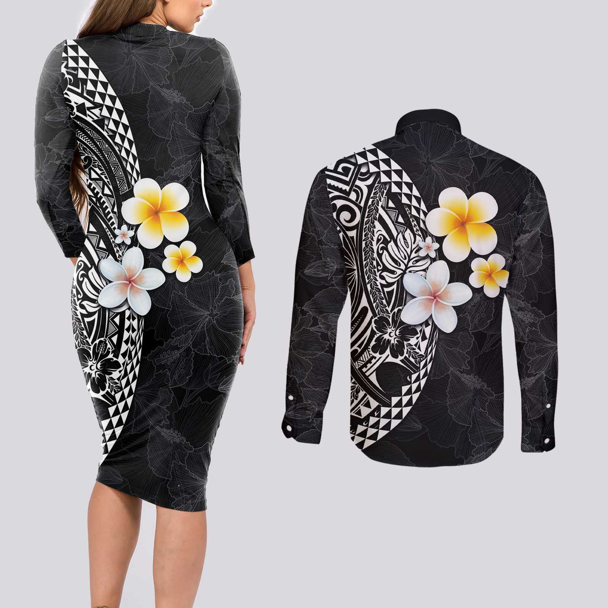 Hawaiian Hibiscus and Plumeria Polynesian Tribal Tattoo Couples Matching Long Sleeve Bodycon Dress and Long Sleeve Button Shirt Black Color