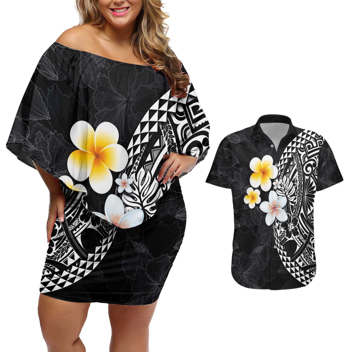 Hawaiian Hibiscus and Plumeria Polynesian Tribal Tattoo Couples Matching Off Shoulder Short Dress and Hawaiian Shirt Black Color