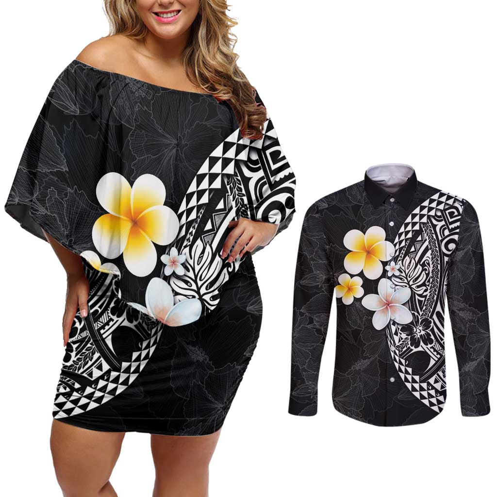 Hawaiian Hibiscus and Plumeria Polynesian Tribal Tattoo Couples Matching Off Shoulder Short Dress and Long Sleeve Button Shirt Black Color LT03 Black - Polynesian Pride