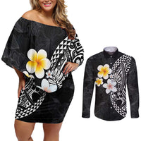 Hawaiian Hibiscus and Plumeria Polynesian Tribal Tattoo Couples Matching Off Shoulder Short Dress and Long Sleeve Button Shirt Black Color