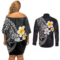 Hawaiian Hibiscus and Plumeria Polynesian Tribal Tattoo Couples Matching Off Shoulder Short Dress and Long Sleeve Button Shirt Black Color