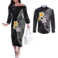 Hawaiian Hibiscus and Plumeria Polynesian Tribal Tattoo Couples Matching Off The Shoulder Long Sleeve Dress and Long Sleeve Button Shirt Black Color