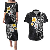 Hawaiian Hibiscus and Plumeria Polynesian Tribal Tattoo Couples Matching Puletasi and Hawaiian Shirt Black Color