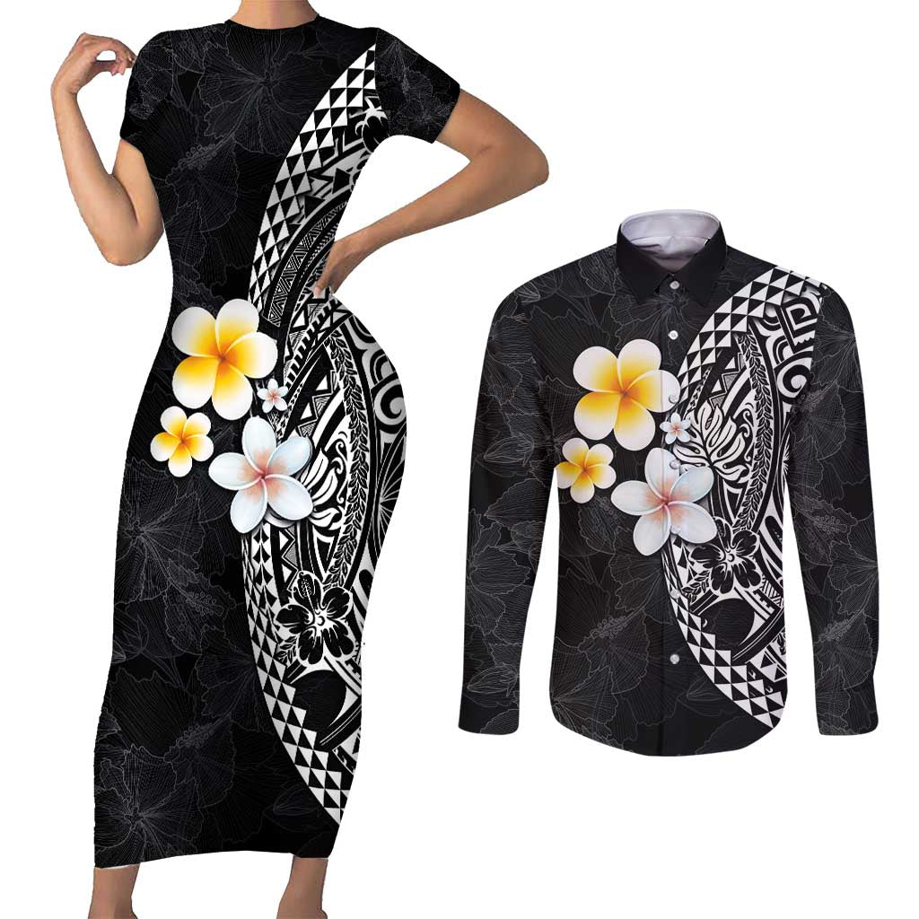 Hawaiian Hibiscus and Plumeria Polynesian Tribal Tattoo Couples Matching Short Sleeve Bodycon Dress and Long Sleeve Button Shirt Black Color LT03 Black - Polynesian Pride