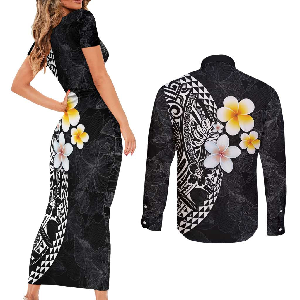 Hawaiian Hibiscus and Plumeria Polynesian Tribal Tattoo Couples Matching Short Sleeve Bodycon Dress and Long Sleeve Button Shirt Black Color