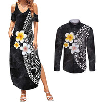 Hawaiian Hibiscus and Plumeria Polynesian Tribal Tattoo Couples Matching Summer Maxi Dress and Long Sleeve Button Shirt Black Color