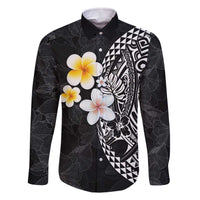 Hawaiian Hibiscus and Plumeria Polynesian Tribal Tattoo Family Matching Off The Shoulder Long Sleeve Dress and Hawaiian Shirt Black Color LT03 Dad's Shirt - Long Sleeve Black - Polynesian Pride