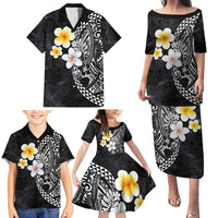 Hawaiian Hibiscus and Plumeria Polynesian Tribal Tattoo Family Matching Puletasi and Hawaiian Shirt Black Color