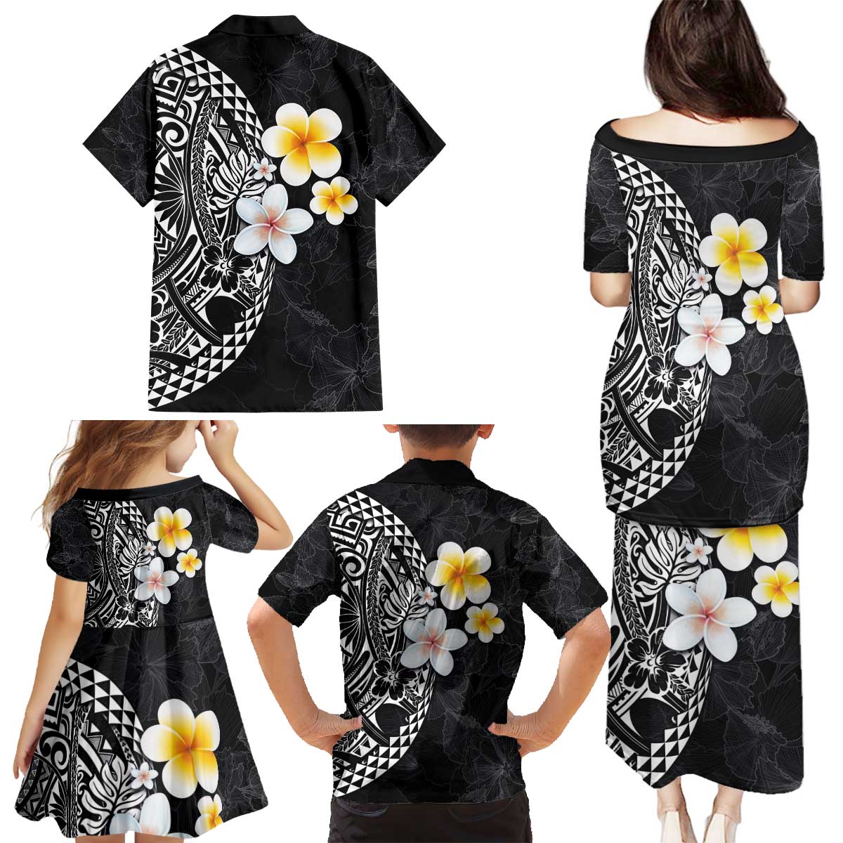 Hawaiian Hibiscus and Plumeria Polynesian Tribal Tattoo Family Matching Puletasi and Hawaiian Shirt Black Color