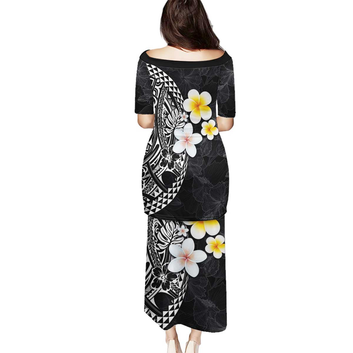 Hawaiian Hibiscus and Plumeria Polynesian Tribal Tattoo Family Matching Puletasi and Hawaiian Shirt Black Color