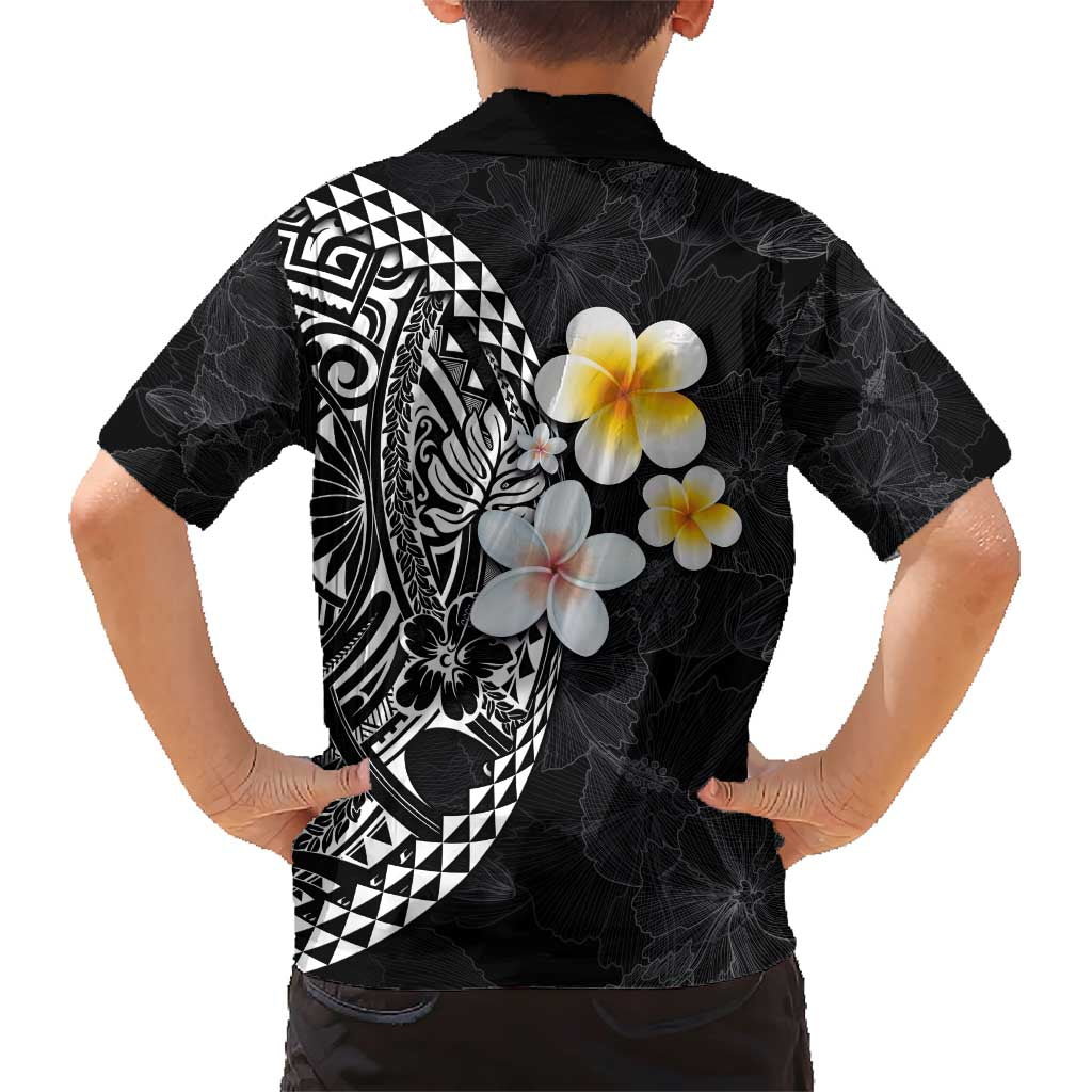 Hawaiian Hibiscus and Plumeria Polynesian Tribal Tattoo Family Matching Short Sleeve Bodycon Dress and Hawaiian Shirt Black Color LT03 - Polynesian Pride