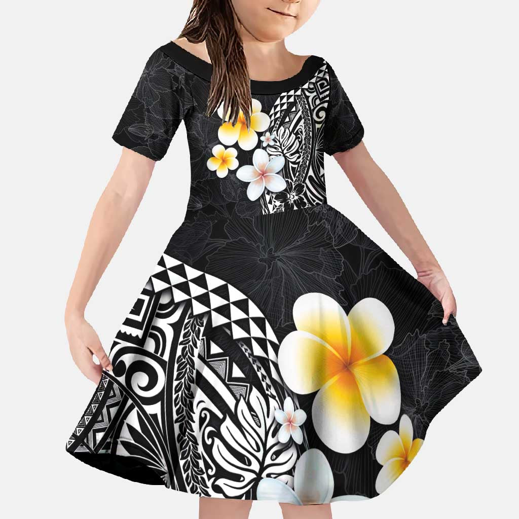 Hawaiian Hibiscus and Plumeria Polynesian Tribal Tattoo Family Matching Short Sleeve Bodycon Dress and Hawaiian Shirt Black Color LT03 Daughter's Dress Black - Polynesian Pride