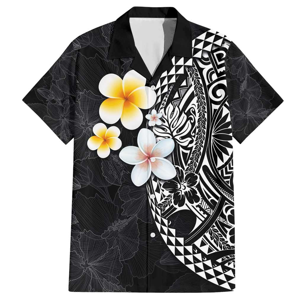 Hawaiian Hibiscus and Plumeria Polynesian Tribal Tattoo Family Matching Short Sleeve Bodycon Dress and Hawaiian Shirt Black Color LT03 Dad's Shirt - Short Sleeve Black - Polynesian Pride
