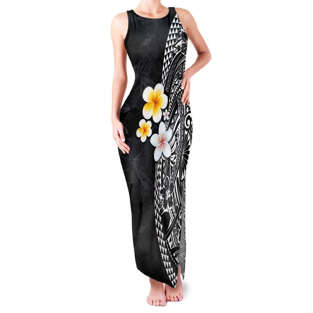 Hawaiian Hibiscus and Plumeria Polynesian Tribal Tattoo Family Matching Tank Maxi Dress and Hawaiian Shirt Black Color