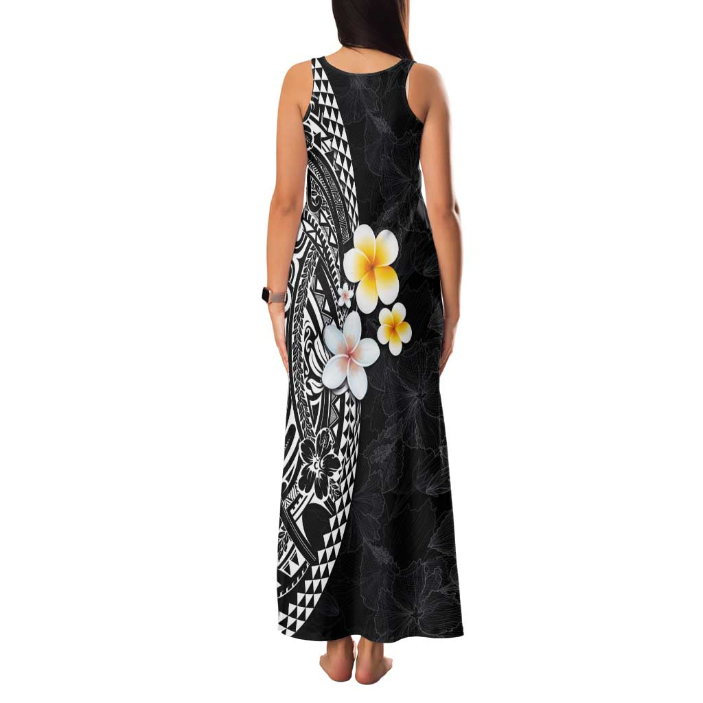 Hawaiian Hibiscus and Plumeria Polynesian Tribal Tattoo Family Matching Tank Maxi Dress and Hawaiian Shirt Black Color