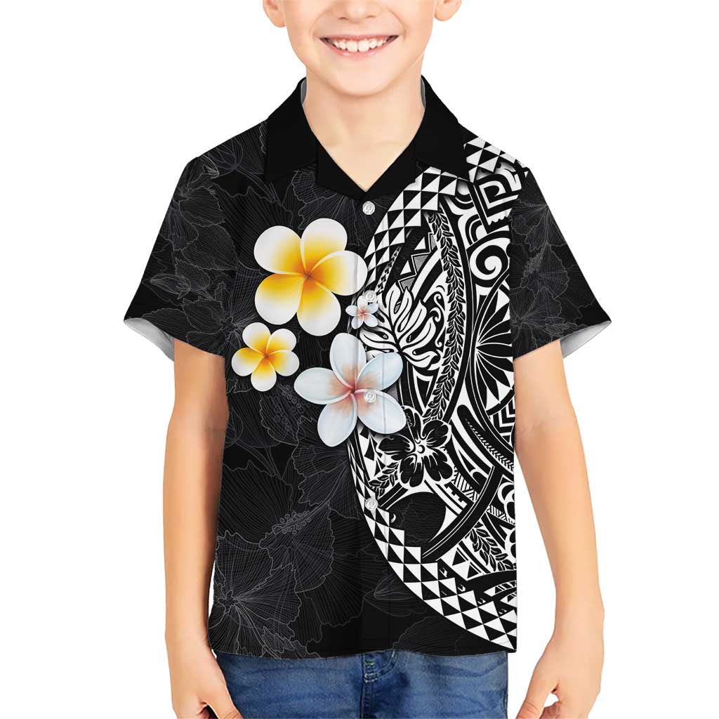 Hawaiian Hibiscus and Plumeria Polynesian Tribal Tattoo Kid Hawaiian Shirt Black Color