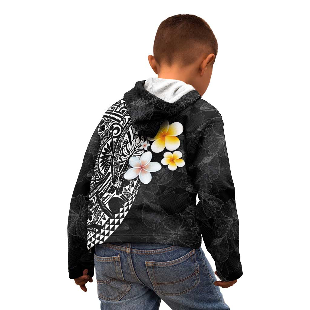 Hawaiian Hibiscus and Plumeria Polynesian Tribal Tattoo Kid Hoodie Black Color