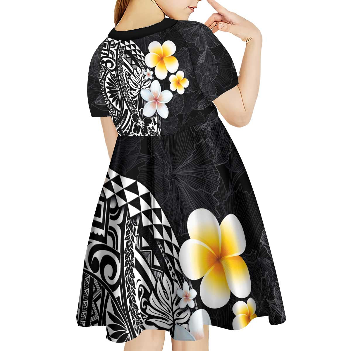 Hawaiian Hibiscus and Plumeria Polynesian Tribal Tattoo Kid Short Sleeve Dress Black Color