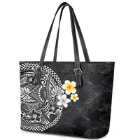 Hawaiian Hibiscus and Plumeria Polynesian Tribal Tattoo Leather Tote Bag Black Color