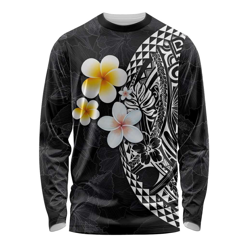 Hawaiian Hibiscus and Plumeria Polynesian Tribal Tattoo Long Sleeve Shirt Black Color LT03 Unisex Black - Polynesian Pride