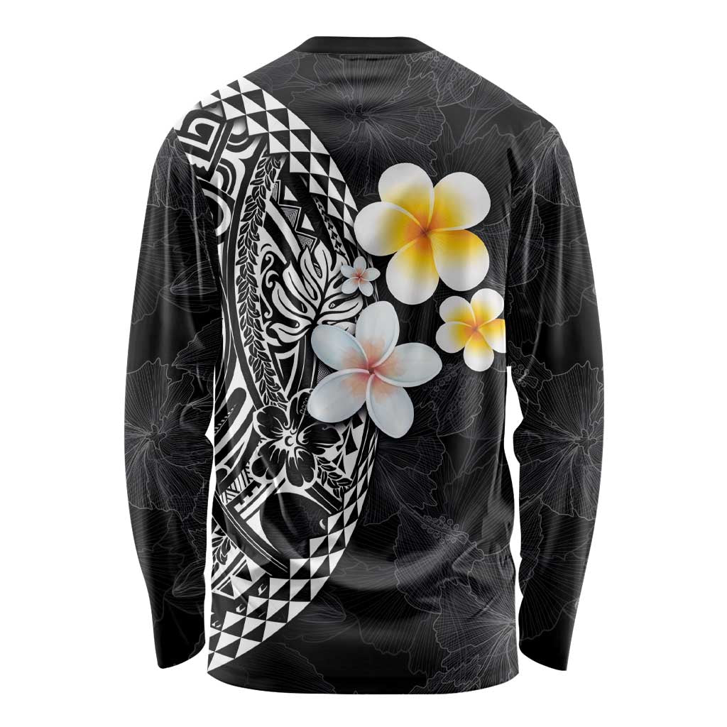 Hawaiian Hibiscus and Plumeria Polynesian Tribal Tattoo Long Sleeve Shirt Black Color