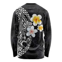 Hawaiian Hibiscus and Plumeria Polynesian Tribal Tattoo Long Sleeve Shirt Black Color