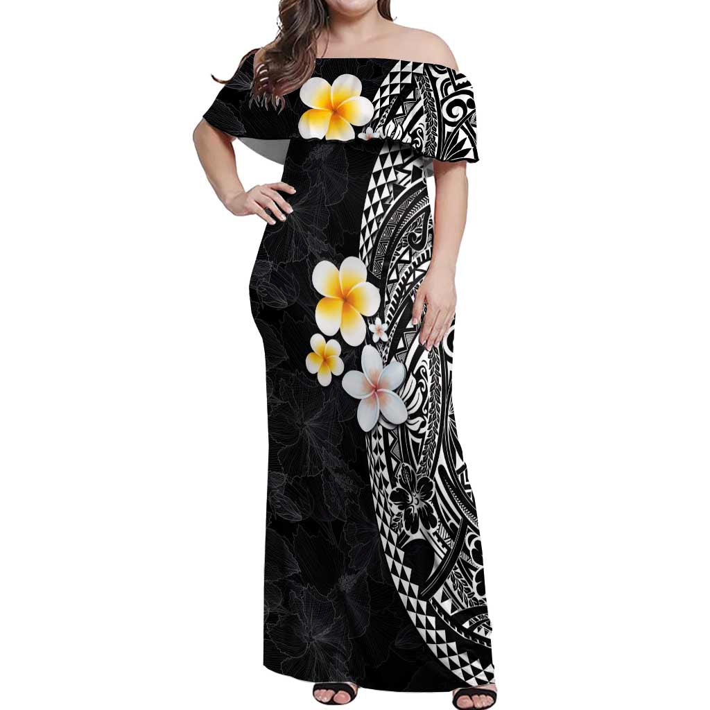 Hawaiian Hibiscus and Plumeria Polynesian Tribal Tattoo Off Shoulder Maxi Dress Black Color