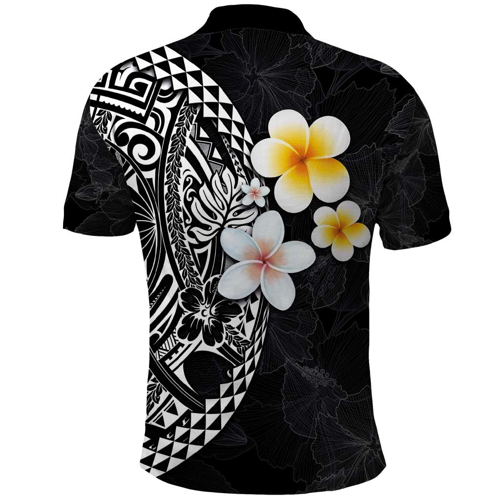 Hawaiian Hibiscus and Plumeria Polynesian Tribal Tattoo Polo Shirt Black Color