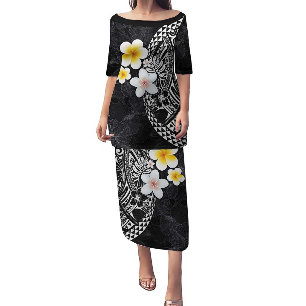 Hawaiian Hibiscus and Plumeria Polynesian Tribal Tattoo Puletasi Black Color