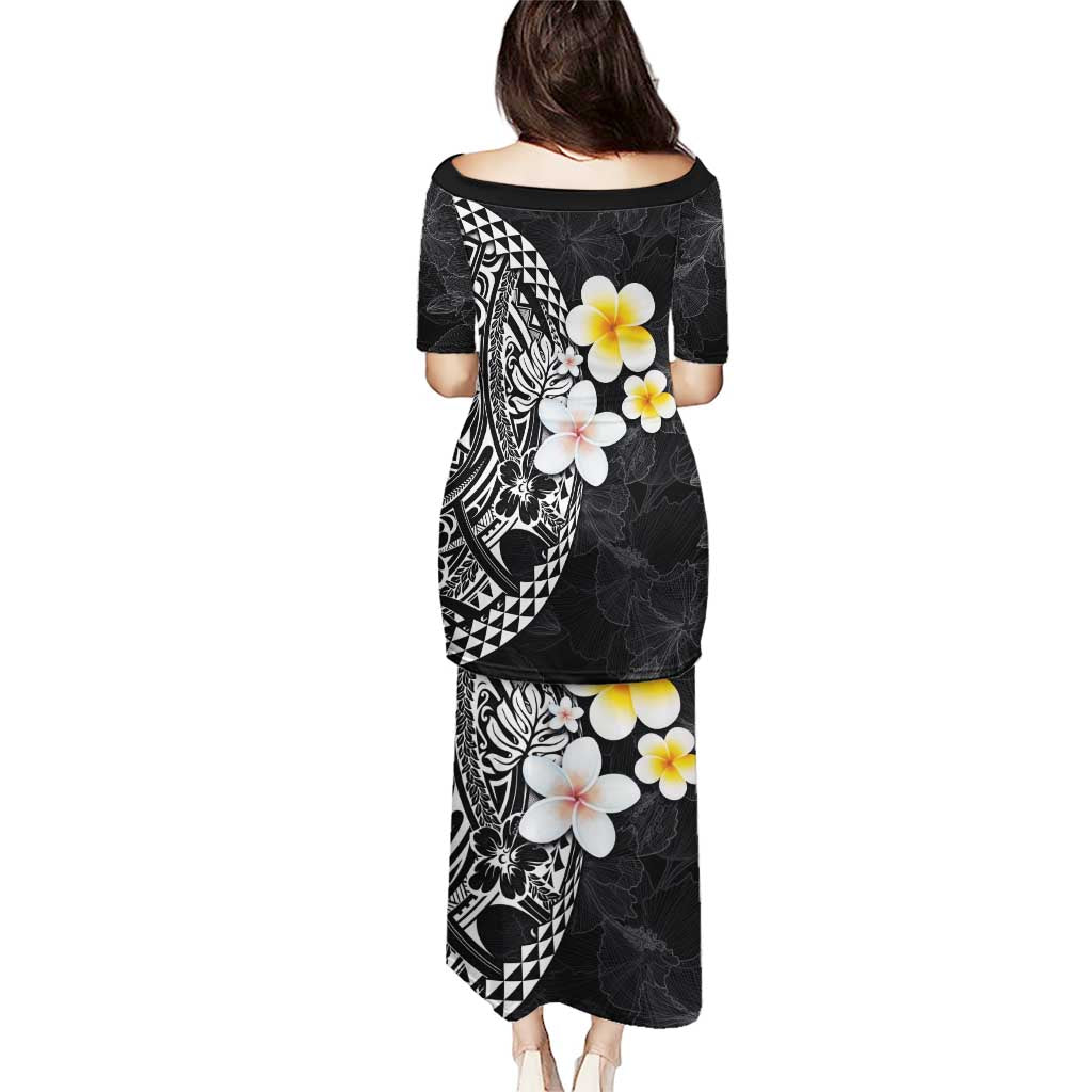 Hawaiian Hibiscus and Plumeria Polynesian Tribal Tattoo Puletasi Black Color