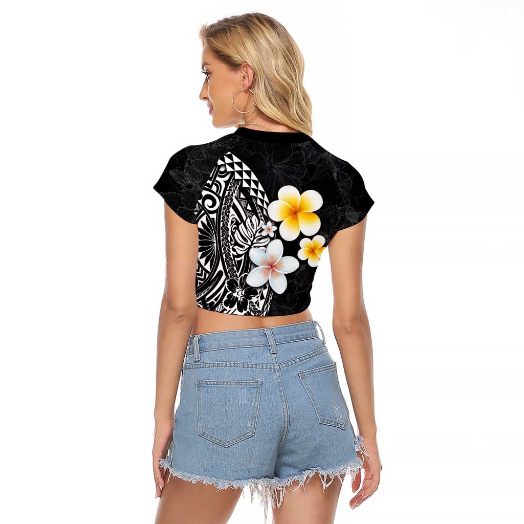 Hawaiian Hibiscus and Plumeria Polynesian Tribal Tattoo Raglan Cropped T Shirt Black Color