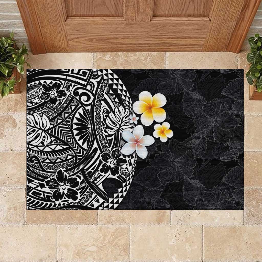 Hawaiian Hibiscus and Plumeria Polynesian Tribal Tattoo Rubber Doormat Black Color