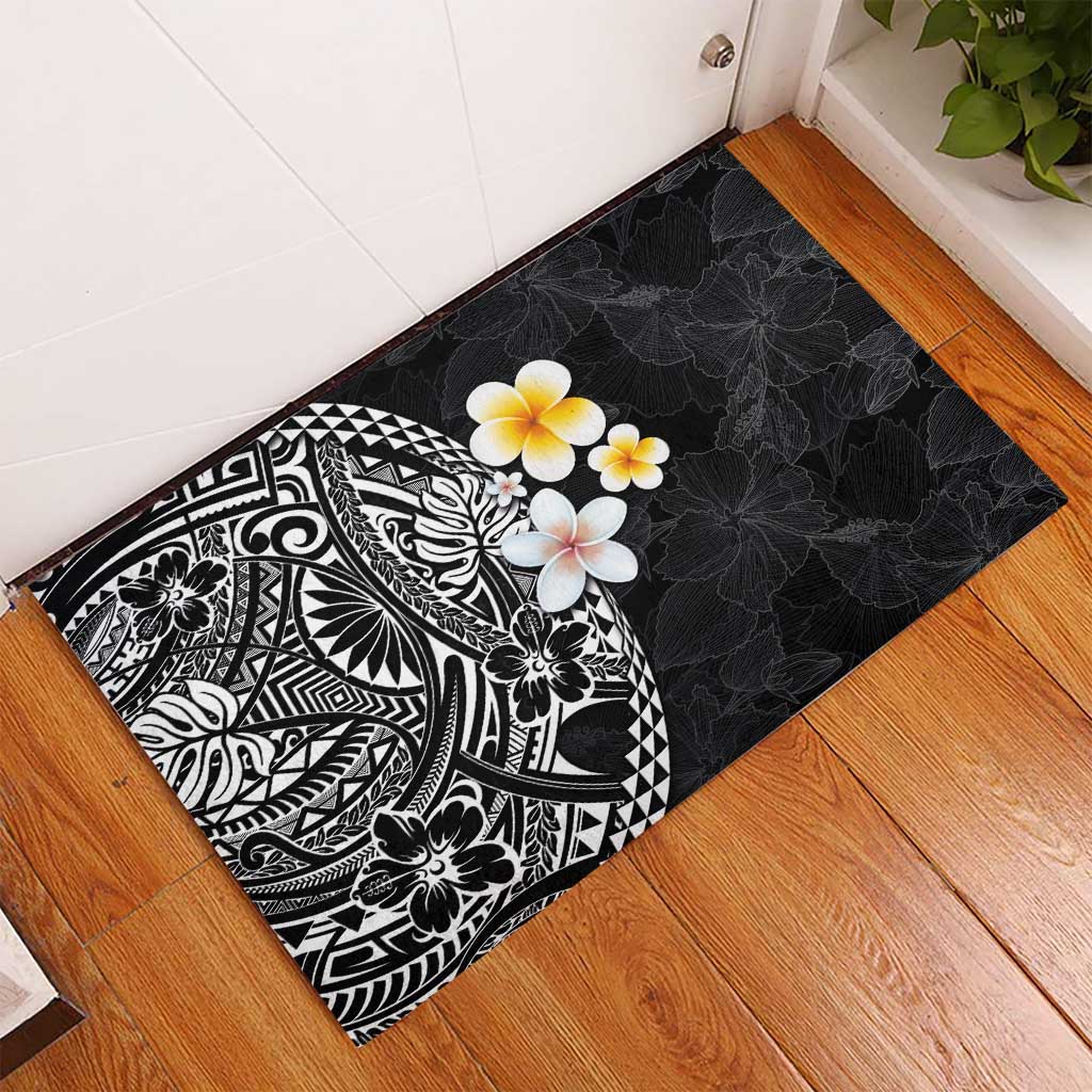 Hawaiian Hibiscus and Plumeria Polynesian Tribal Tattoo Rubber Doormat Black Color