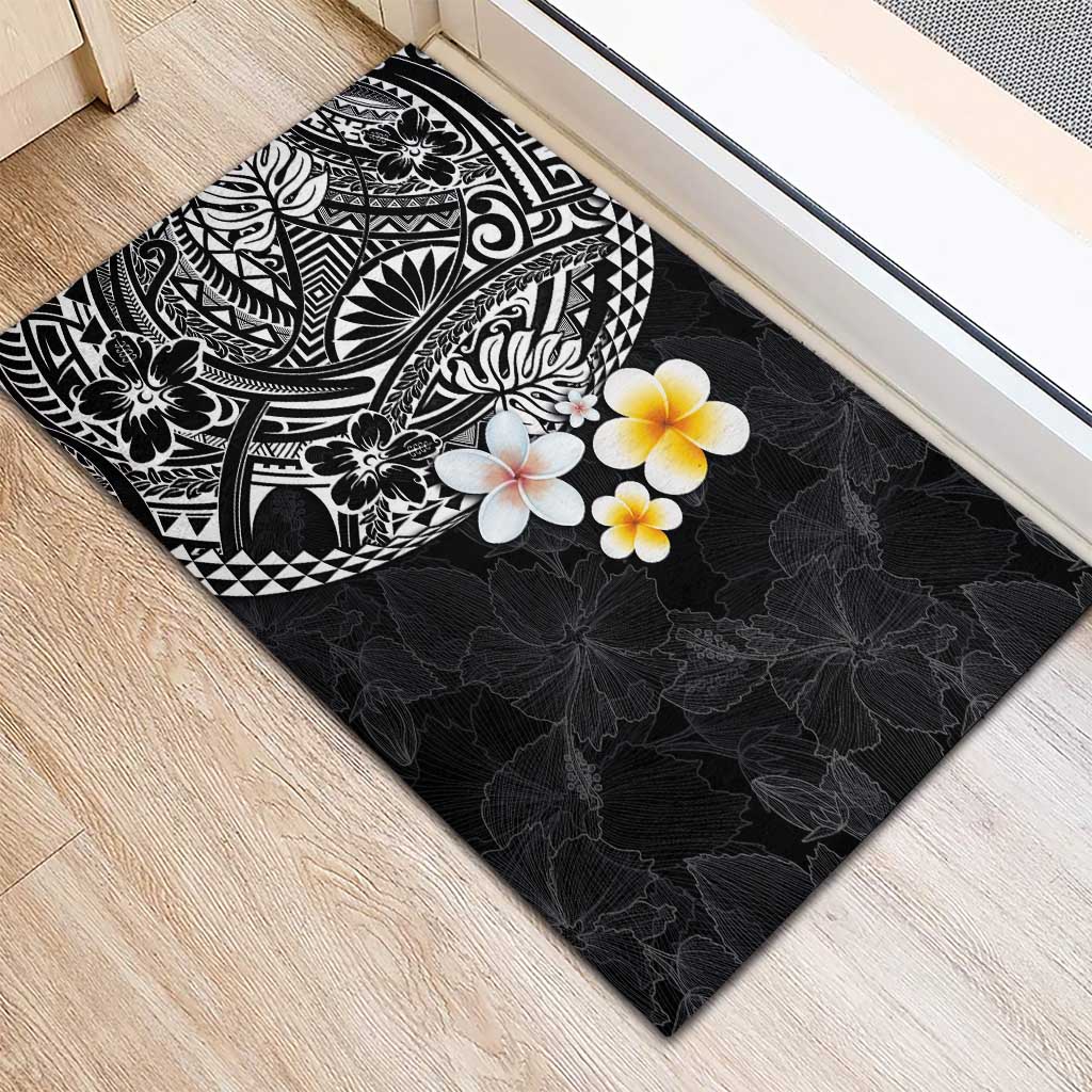 Hawaiian Hibiscus and Plumeria Polynesian Tribal Tattoo Rubber Doormat Black Color