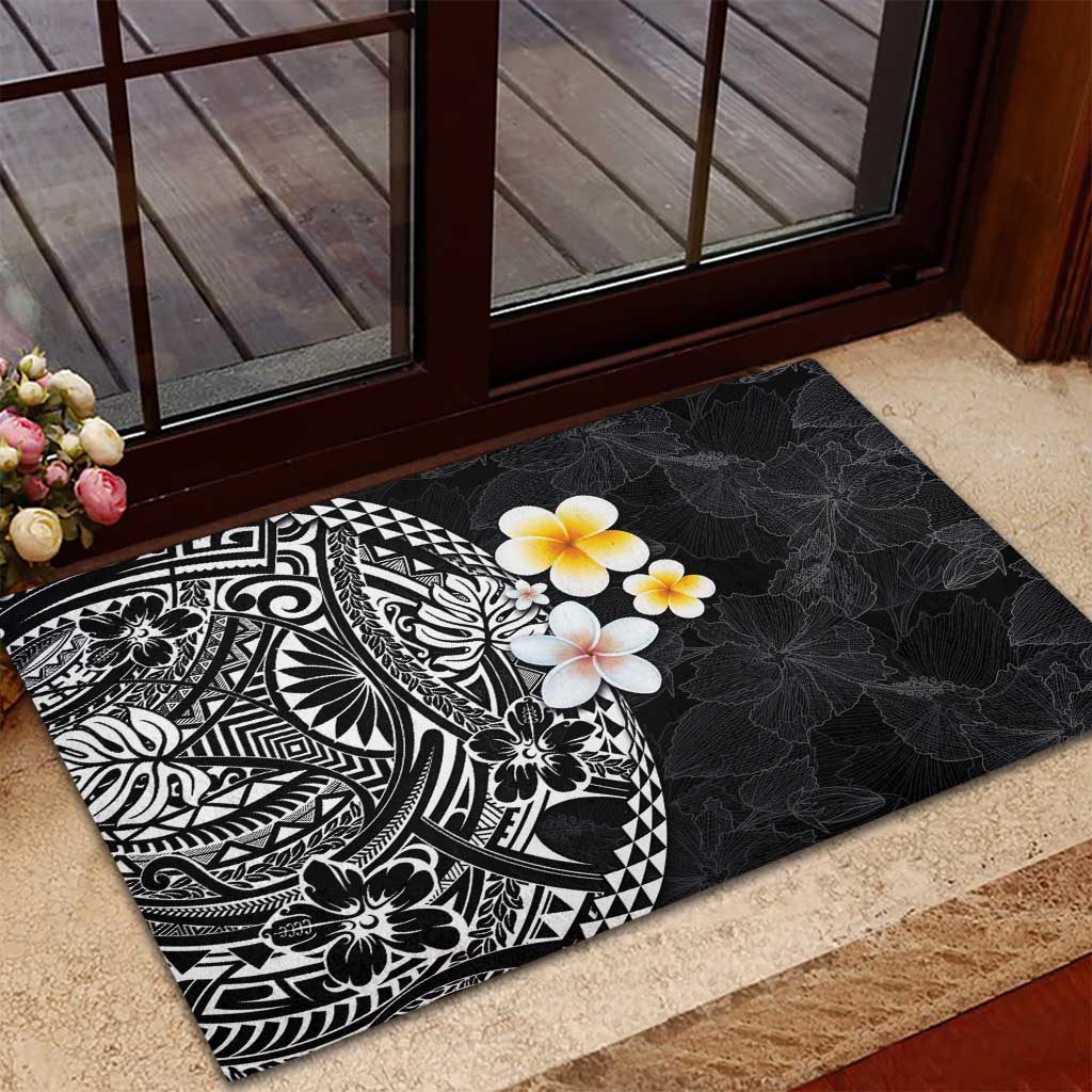Hawaiian Hibiscus and Plumeria Polynesian Tribal Tattoo Rubber Doormat Black Color