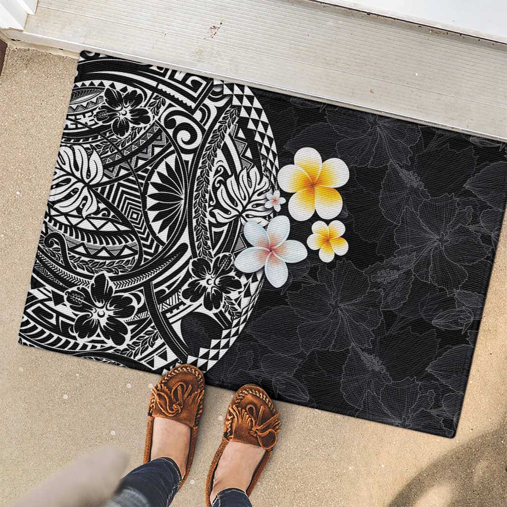 Hawaiian Hibiscus and Plumeria Polynesian Tribal Tattoo Rubber Doormat Black Color