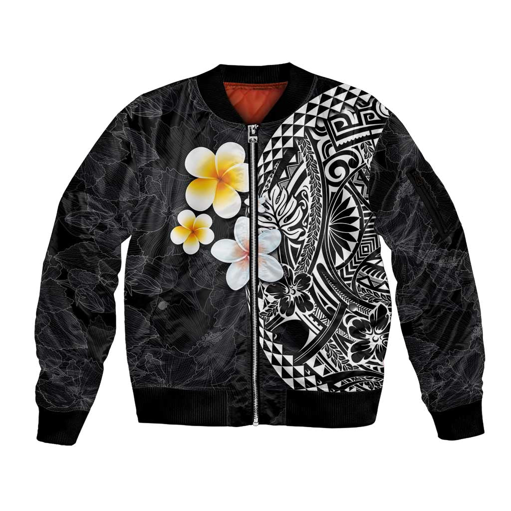Hawaiian Hibiscus and Plumeria Polynesian Tribal Tattoo Sleeve Zip Bomber Jacket Black Color LT03 Unisex Black - Polynesian Pride