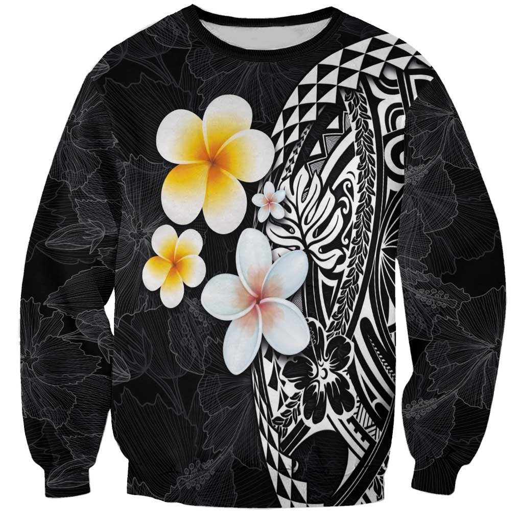 Hawaiian Hibiscus and Plumeria Polynesian Tribal Tattoo Sweatshirt Black Color
