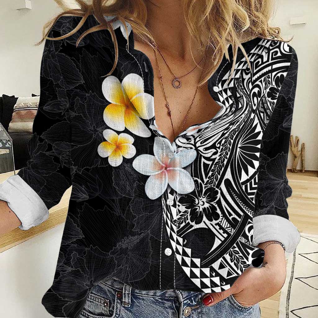 Hawaiian Hibiscus and Plumeria Polynesian Tribal Tattoo Women Casual Shirt Black Color