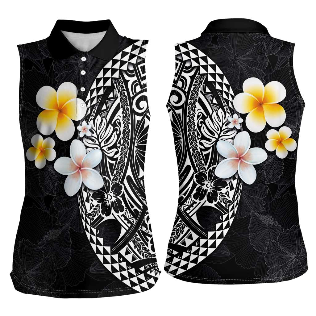 Hawaiian Hibiscus and Plumeria Polynesian Tribal Tattoo Women Sleeveless Polo Shirt Black Color
